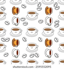Coffee, tea seamless pattern. Coffee, tea illustration. Coffee, tea background. Perfect for fabric, textile, wallpaper, decor, illustration, print, packaging of products. SSTKbackgrounds