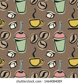 Coffee, tea seamless pattern on brown background. Hand-drawn doodle vector illustration