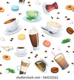 Coffee and tea seamless pattern for restaurants and cafe list or menu. Vector hot drinks and beverage objects with tasty details like cookies and desserts. Wallpaper texture