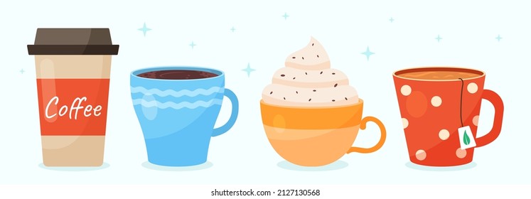 Coffee and tea set. Collection of mugs with hot drinks for morning. Freshness, energy and break at work, cafe or restaurant, sweets. Cartoon flat vector illustrations isolated on white background