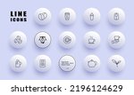 Coffee and tea set icon. Beverage, cardboard cup, mug, take with you, beans, hot, steam, tea bag, machine, leaves, brew. Drink concept. Neomorphism style. Vector line icon for Business and Advertising