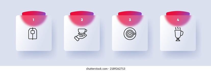 Coffee and tea set icon. Beverage, cafe, eating out, cup, mug, tea bag, hand, glass, hot, steam, heart, drawing on coffee Drink concept. Glassmorphism. Vector line icon for Business and Advertising.