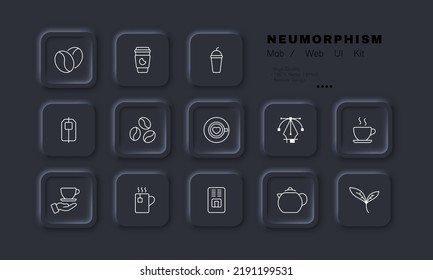 Coffee and tea set icon. Beverage, coffee beans, cardboard cup, tea bag, hot, cold, steam, teapot, leaves, brew, machine. Drink concept. Neomorphism. Vector line icon for Business and Advertising.
