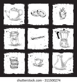 Coffee and tea set. Teapot, moka pot, coffee maker, cups, spoon, sugar bowl hand drawn of chalk on blackboard. Black and white image of kitchen utensils for cafe menu