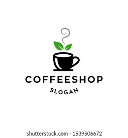 coffee or tea shop logo with bean plant and leaf icon in trendy simple style