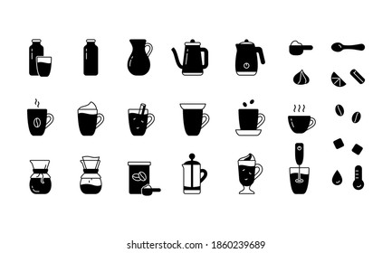 Coffee or tea silhouette icons set. Outline pictograms for preparation of hot homemade drink. Milk, cream, cup, teapot, kettle, glass, french press, whipper. Black emblem. Flat isolated vector