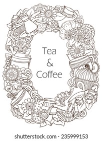 Coffee and Tea Sketch Doodles. Hand-Drawn Vector Illustration. Coffee, Breakfast, Tea, Invite, Menu, Love Background. Coffee And Tea Poster Design Template. Black and White Background.