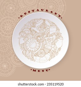 Coffee and Tea Sketch Doodles on White Plate for Restaurant Menu. Vector Illustration. Coffee, Breakfast, Tea, Invite, Love Background. Coffee Design Circle Template with Hand Drawn Zentangles