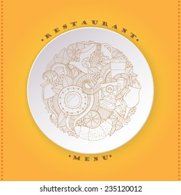 Coffee and Tea Sketch Doodles on White Plate for Restaurant Menu. Vector Illustration. Coffee, Breakfast, Tea, Invite, Love Background. Coffee Design Circle Template with Hand Drawn Zentangles.