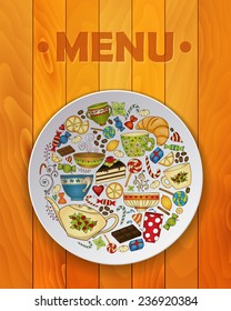 Coffee and Tea Sketch Doodles on White Plate for Restaurant Menu. Vector Illustration. Coffee, Breakfast, Tea, Invite, Love Wood Background. Coffee Design Circle Template with Hand Drawn Zentangles.