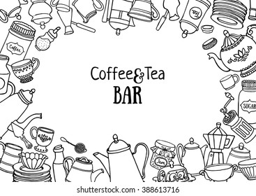 Coffee and tea sketchy banner. Top view kitchen frame with dishes for design. Black and white kitchen background