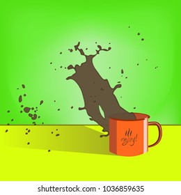 Coffee or tea splashes out of mug with enjoy inscription
