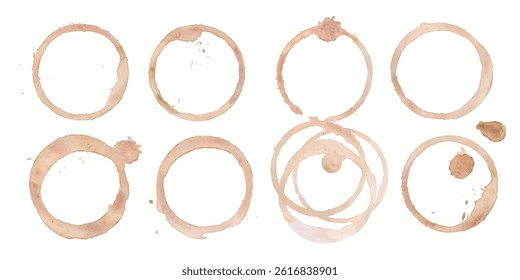 Coffee or tea stain drink cup rings vector illustration set isolated on white background. Coffee stain marks ring cup spot trace. Brown round splashes of drink collection.