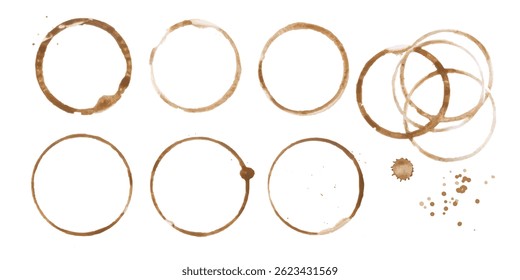 Coffee or tea stain drink cup rings vector illustration set isolated on white background. Coffee stain marks ring cup spot trace. Brown round splashes of drink collection.