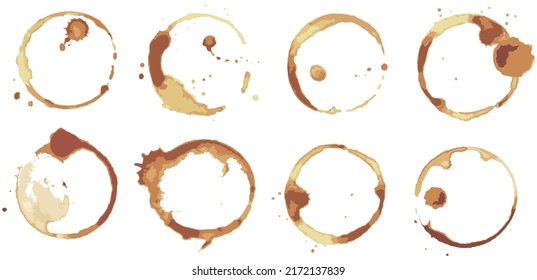 Coffee Or Tea Stain Set, Splashes Of Cups, Mugs And Drops. High Quality Abstract Shape For Menu, Bar, Cafe, Restaurant. Ink, Paint Or Other Liquid Cup Stain. Trace From Mug With Drink Vector