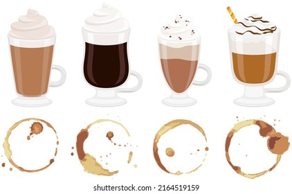 Coffee or tea stain, splashes of cups, mugs and drops. High quality abstract shape for menu, bar, cafe, restaurant. Ink, paint or other liquid cup stain. Trace from mug with drink vector illustration