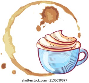 Kaffee- oder Teefleck, Spritzen und Tropfen in der Nähe von Tasse heißen Getränken. Hochwertige abstrakte Textur für Menü, Bar, Café, Restaurant. Tinte, Farbe oder andere flüssige Flecken und Schlauch mit Cappuccino-Kaffee
