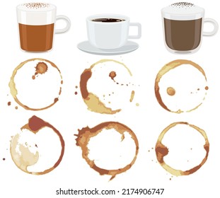 Coffee Or Tea Stain, Splashes And Drops Near Cup Of Hot Drink. High Quality Abstract Texture For Menu, Bar, Cafe, Restaurant. Ink, Paint Or Other Liquid Stain And Mug With Cappuccino Coffee