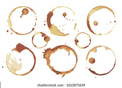 Coffee and tea stains left by cup bottoms set. Round dirty imprints from hot drinks isolated stained cartoon flat vector illustrations on white background.