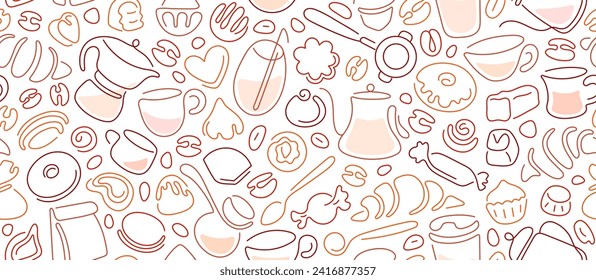 Coffee, tea and sweet dessert. Teapots, cups, cookies, aroma beans, turk and sweets in line style. Bakery, pastry. Vector seamless pattern for wrapping paper, package print, cafeteria and shop