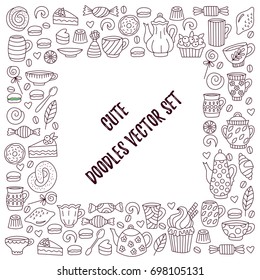 Coffee tea sweets bakery desert doodle icons as square decorative frame