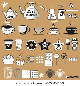 Coffee tea sweets. Beverage food icons. Dessert drink symbols. Black white outlines.