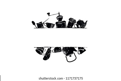 Coffee and Tea Template. Frame with Hand Drawn Cups, Kettle, Grinder and Plase for your Text. Vector illustration.