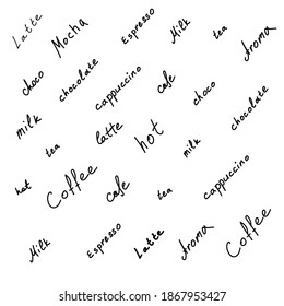 coffee and tea theme words handwrited on white, pattern