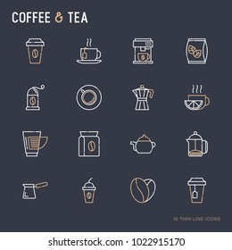 Coffee and tea thin line icons set: take away paper cups, cezve, coffee machine, teapot, cappuccino, cup, tea with lemon, grinder. Modern vector illustration 