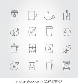 Coffee and tea thin line icons set isolated on gray background. Trendy icons for web site, app, logo and restaurant menu. Collection of modern coffe and tea icons for print materials