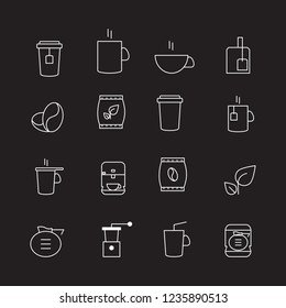 Coffee and tea thin line icons set isolated on black background. Trendy icons for web site, app, logo and restaurant menu. Collection of modern coffe and tea icons for print materials