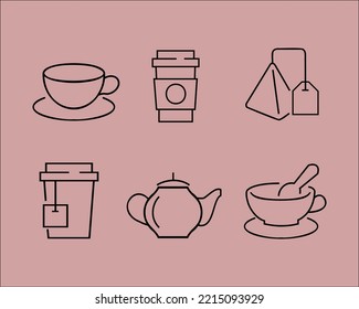 Kaffee- und Teebeutel, dünne Linien, einzeln auf beigem Hintergrund. Trendy Icons für Website, App, Logo und Speisekarte. Sammlung moderner Kaffee- und Teesymbole für Drucksachen
