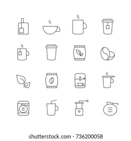 Coffee and tea thin line icons set isolated on white background. For web site template, application, print material and social media network. Collection of modern business concept