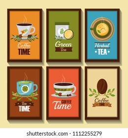 coffee and tea time banners decorative flower in cups grain seeds