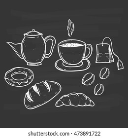 Coffee And Tea Time With Bread Using Doodle Or Hand Drawing Style On Chalkboard Background