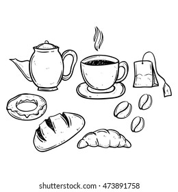coffee and tea time with bread using doodle or hand drawing style