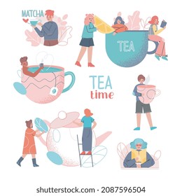 Coffee and Tea Time Break with Tiny People Character Enjoying Hot Drink in Cup Vector Set