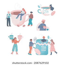 Coffee and Tea Time Break with Tiny People Character Enjoying Hot Drink in Cup Vector Set