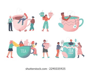 Coffee and Tea Time Break with Tiny People Character Enjoying Hot Drink in Cup Vector Set