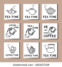 coffee tea time set template card, poster, invitation. sketch hand drawn doodle. vector scandinavian monochrome minimalism. kettle, teapot, drink, cozy.