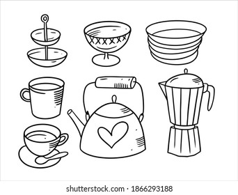 Coffee and tea tools breakfast doodle elements set. Hand drawing black color sketch. Vector illustration isolated on white background.
