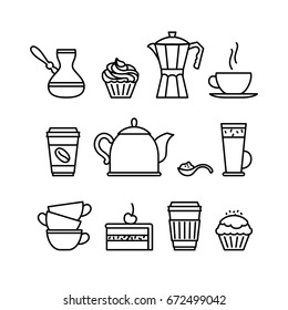 Coffee / tea utensils. Takeaway mug, kettle, latte glass, muffin, cupcake, sugar, pie, cake. Vector illustration. Coffee shop items.
