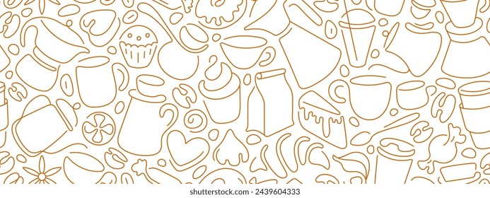 Coffee, tea vector background for bakery packaging in line style. Hot drinks, aroma beans, outline cups. Repeated seamless texture for cafe menu, shop wrapping paper