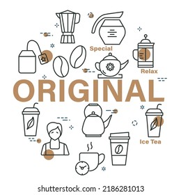 Coffee and tea vector banner with circle design. Isolated linear icons around of the text on white