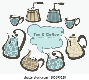 coffee and tea, vector collection f cups and pots