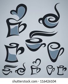 coffee and tea, vector cups collection on grey background