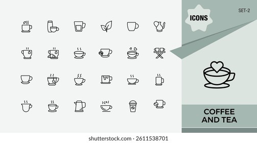 Coffee And Tea vector icon set. Contain linear symbols espresso, drink, tea, beverage and more. Minimalist icons pack. Espresso icon collection. Signs for web and mobile app.