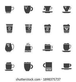 Coffee and tea vector icons set, modern solid symbol collection, filled style pictogram pack. Signs logo illustration. Set includes icons as herbal tea cup, take away coffee mug, cappuccino, mocha cup