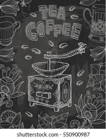 Coffee. Tea. Vector illustration. Coffee shop menu design. Hand-drawn graphic.