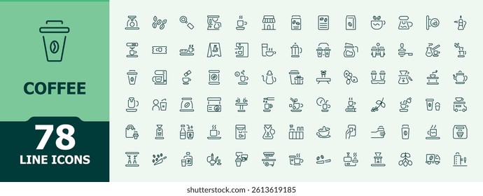 Coffee And Tea vector line icon set. Contains related to drink, tea, bean, breakfast, espresso and more. Minimal linear icons. Tea icon set. Vector artwork and illustration.